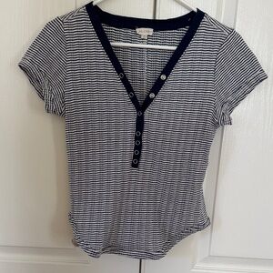 Pilcro Navy and White Striped Henley Short Sleeve Tee
